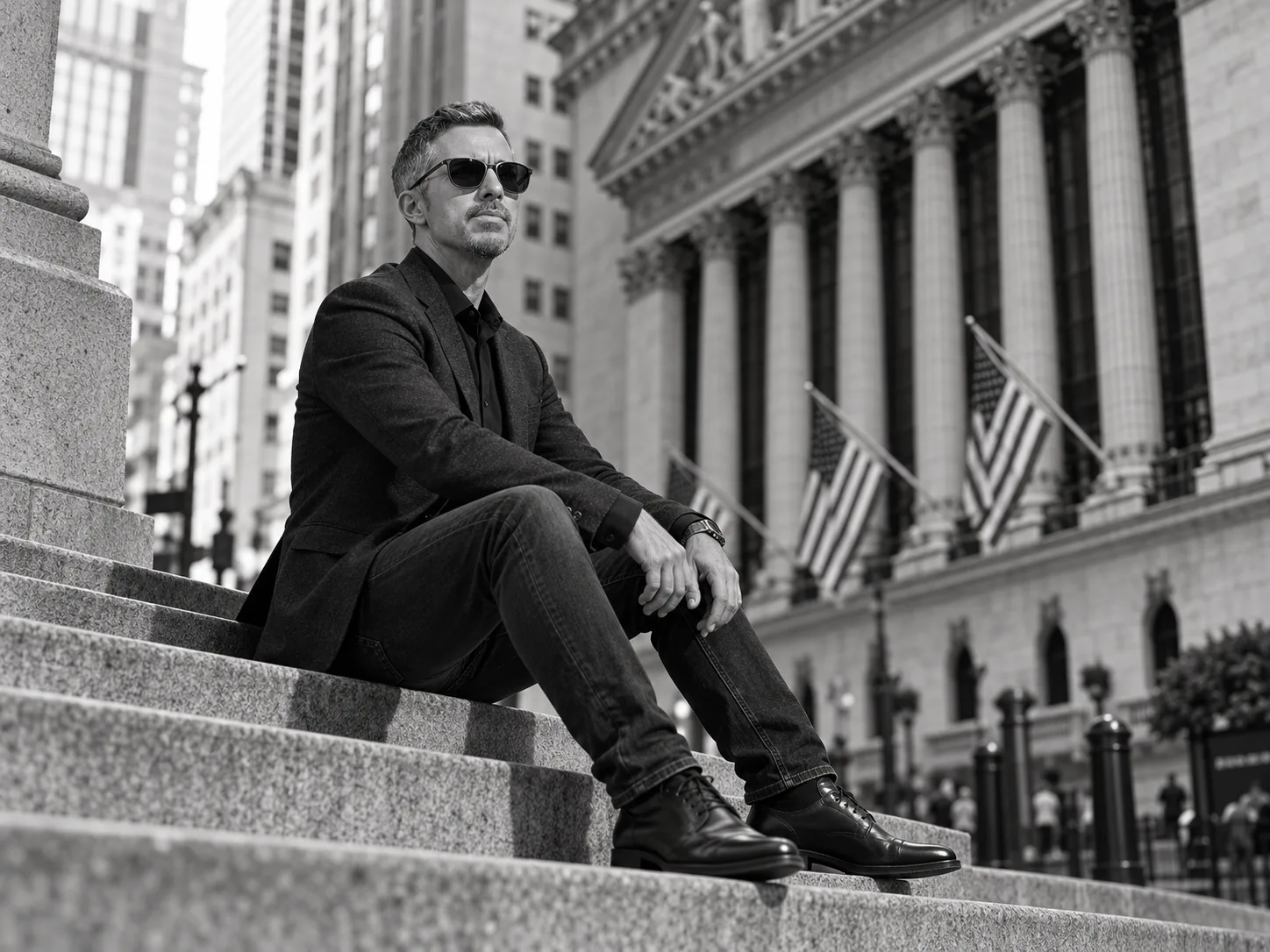 Diego Porto, fundador de Salseo Inversor, sentado en las escaleras frente a la Bolsa de Nueva York